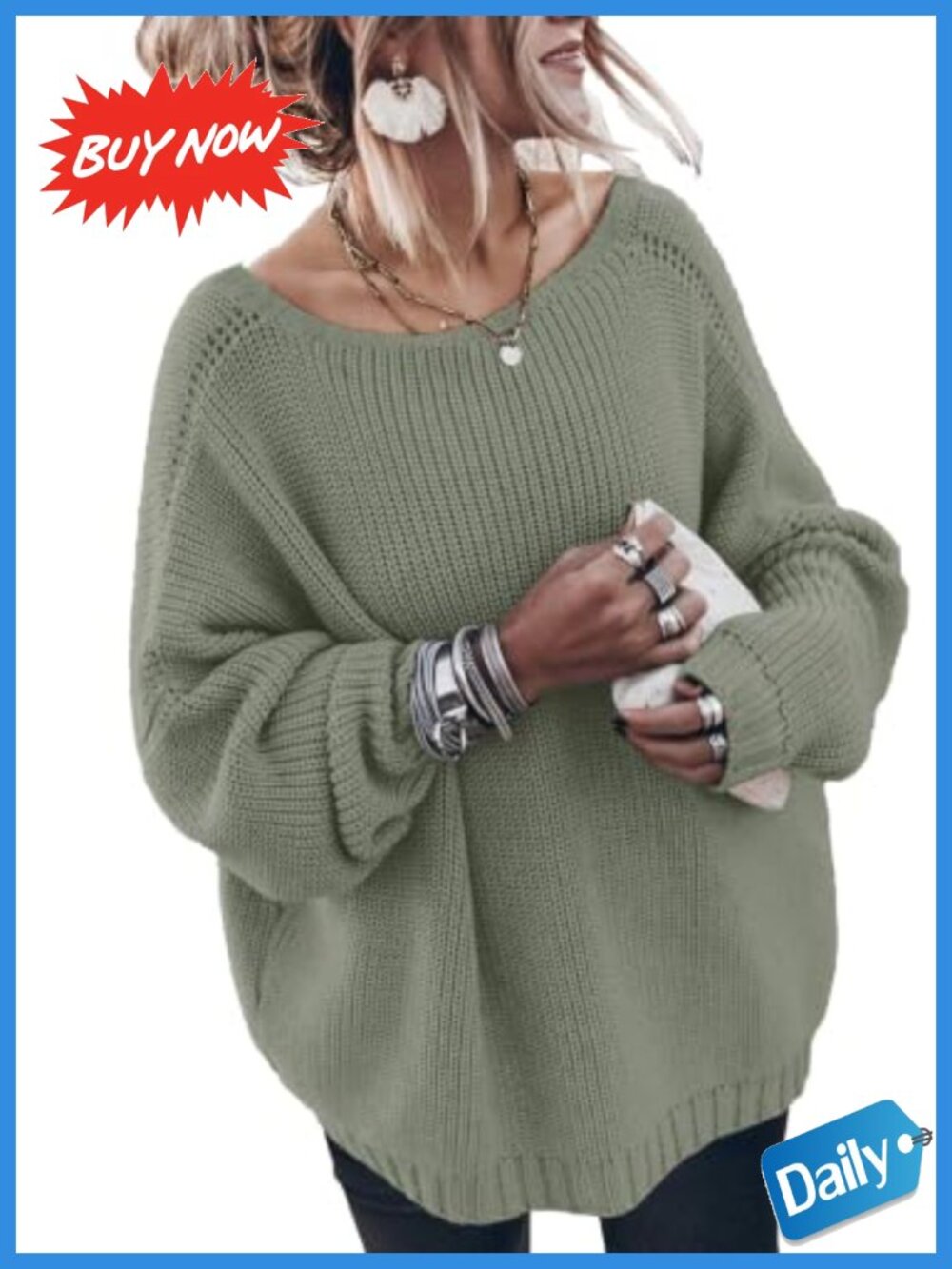 Oversized Cotton Sweater Crewneck Batwing Long Sleeve Loose Knit Pullover